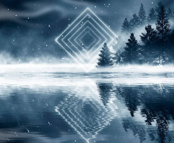 川と暗い冷たい風景 冬の背景には月明かりの水に反映 劇的なシーン 3Dイラスト — ストック写真