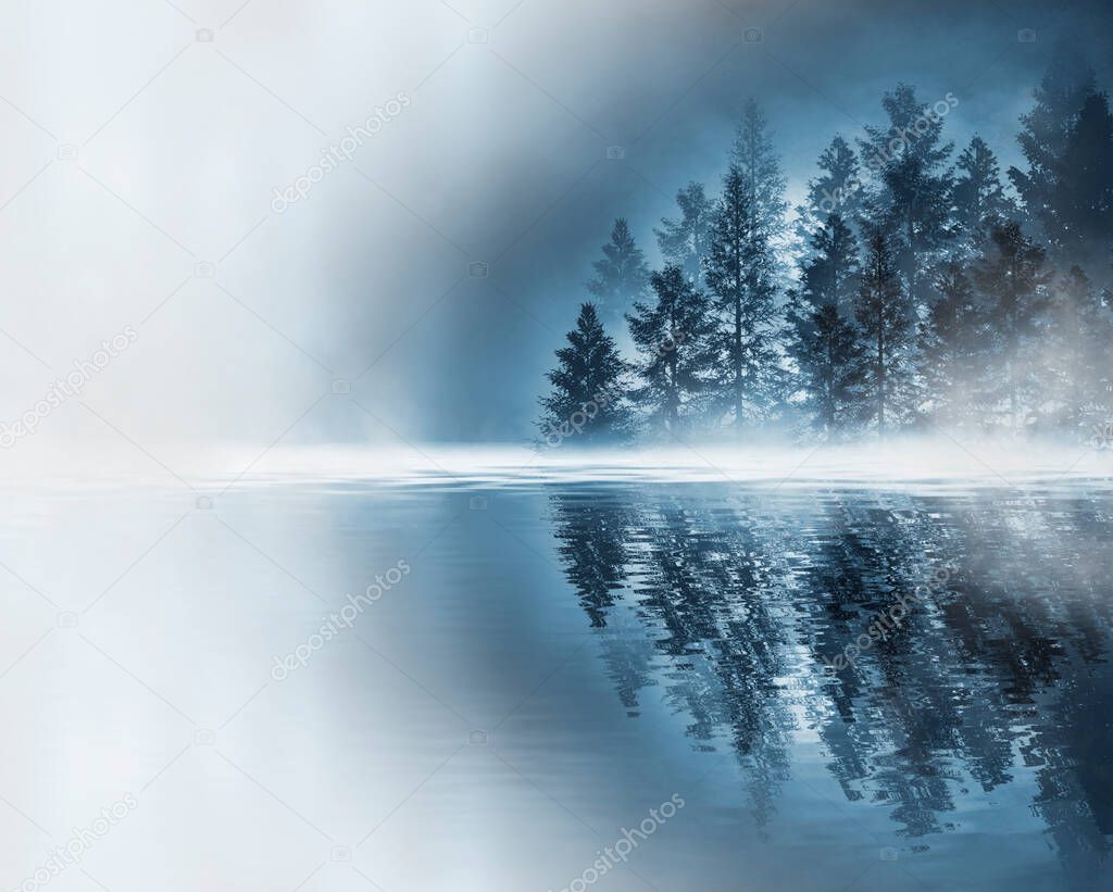 Dark cold landscape with a river. Winter background reflected on the moonlight water. Dramatic scene, smoke, smog, fog, snow. 3D illustration.