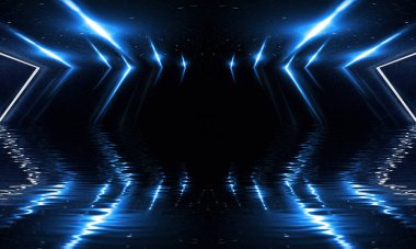 Karanlık arka plan, neon ışıklar, suda yansıma. Modern soyutlama, gece görüşü. Neon ışınları ve çizgiler. Sıvı, su birikintileri, sel.