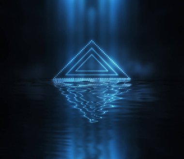 Karanlık arka plan, neon ışıklar, suda yansıma. Modern soyutlama, gece görüşü. Neon ışınları ve çizgiler. Sıvı, su birikintileri, sel.
