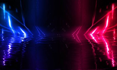 Karanlık arka plan, neon ışıklar, suda yansıma. Modern soyutlama, gece görüşü. Neon ışınları ve çizgiler. Sıvı, su birikintileri, sel.