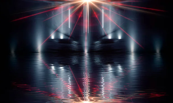 Dark background, neon lights, reflection on the water. Modern abstraction, night view. Rays and lines in neon. Liquid, puddles, flooding.
