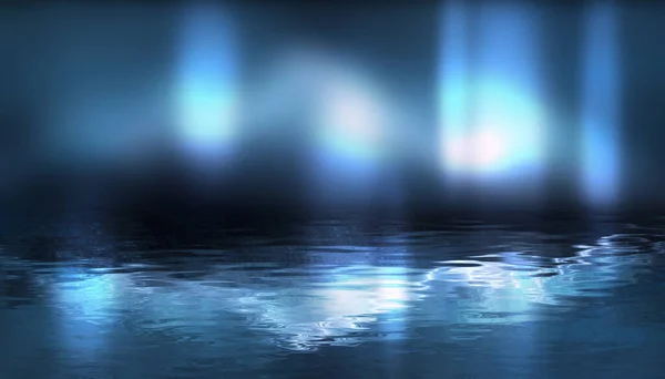 Ночная Сцена Отражением Неонового Света Воде Жидкость Лужи Наводнение Лучи — стоковое фото