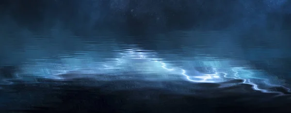Ночная Сцена Отражением Неонового Света Воде Жидкость Лужи Наводнение Лучи — стоковое фото