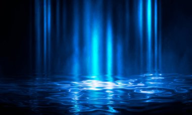 Suda neon ışığı yansıması olan bir gece sahnesi. Sıvı, su birikintisi, sel. Neon ışınları ve çizgiler. Modern soyutlama, gece görüşü. 3B illüstrasyon