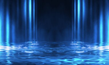 Suda neon ışığı yansıması olan bir gece sahnesi. Sıvı, su birikintisi, sel. Neon ışınları ve çizgiler. Modern soyutlama, gece görüşü. 3B illüstrasyon