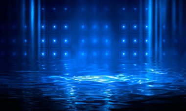 Suda neon ışığı yansıması olan bir gece sahnesi. Sıvı, su birikintisi, sel. Neon ışınları ve çizgiler. Modern soyutlama, gece görüşü. 3B illüstrasyon