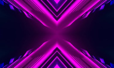 Arkaplan boş gösteri sahnesi. Ultraviyole koyu soyut arka plan. Geometrik neon şekiller, neon parıltısı, mavi ve pembe ışıklandırma