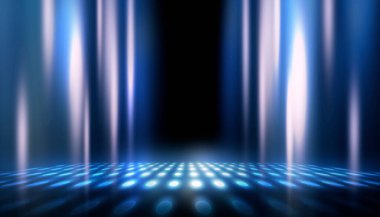 Boş sahne gösterisinin arka planı. Neon mavisi, mor ışık ve lazer gösterisi. Karanlık bir arka planda lazer fütüristik şekiller. Neon parıltısıyla soyut koyu arkaplan