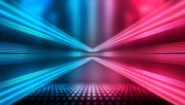 Boş sahne gösterisinin arka planı. Neon mavisi, mor ışık ve lazer gösterisi. Karanlık bir arka planda lazer fütüristik şekiller. Neon parıltısıyla soyut koyu arkaplan