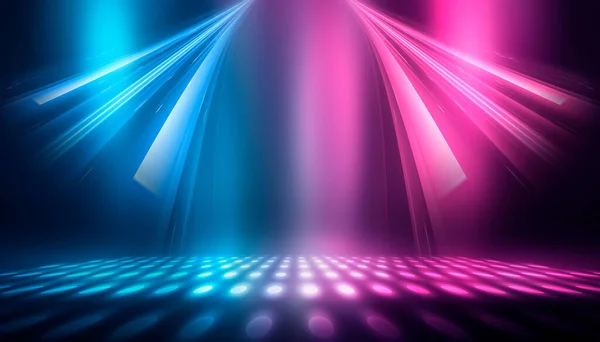 Sfondo Palcoscenico Vuoto Luce Neon Blu Viola Spettacolo Laser Forme — Foto Stock