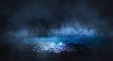 Karanlık sokak, oda, ıslak asfalt, su birikintileri, neon ışığı. Sudaki neon ışığın yansıması. Dramatik şehrin gece manzarası, duman, sis, sis, gölge. Gecenin neon ışıkları..