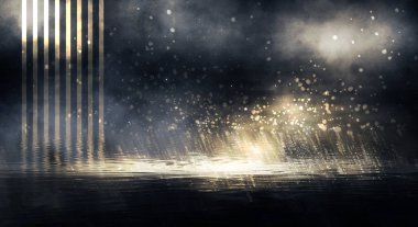 Karanlık sokak, oda, ıslak asfalt, su birikintileri, neon ışığı. Sudaki neon ışığın yansıması. Dramatik şehrin gece manzarası, duman, sis, sis, gölge. Gecenin neon ışıkları..