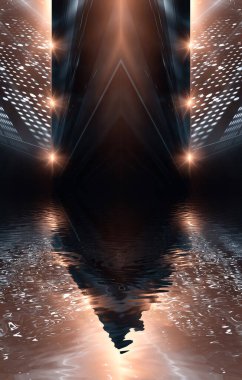 Suda neon ışığı yansıması olan bir gece sahnesi. Sıvı, su birikintisi, sel. Neon ışınları ve çizgiler. Modern soyutlama, gece görüşü. Işık neon etkisi, karanlık bir arkaplanda enerji dalgaları.