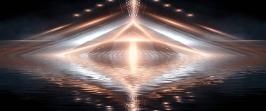 Suda neon ışığı yansıması olan bir gece sahnesi. Sıvı, su birikintisi, sel. Neon ışınları ve çizgiler. Modern soyutlama, gece görüşü. Işık neon etkisi, karanlık bir arkaplanda enerji dalgaları.