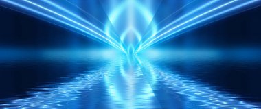 Suda neon ışığı yansıması olan bir gece sahnesi. Sıvı, su birikintisi, sel. Neon ışınları ve çizgiler. Modern soyutlama, gece görüşü. Işık neon etkisi, karanlık bir arkaplanda enerji dalgaları.