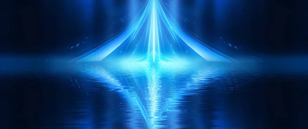 在水中反射霓虹灯的夜景 霓虹灯的光环和线条 现代抽象 光霓虹灯效应 暗抽象背景下的能量波 — 图库照片
