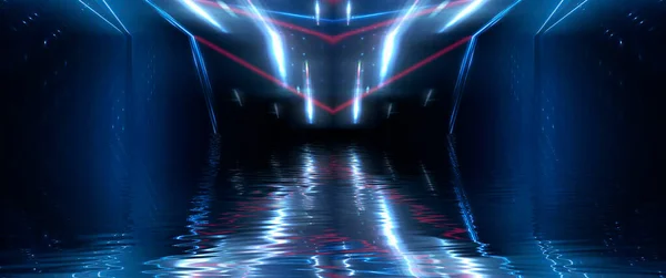 在水中反射霓虹灯的夜景 霓虹灯的光环和线条 现代抽象 光霓虹灯效应 暗抽象背景下的能量波 — 图库照片
