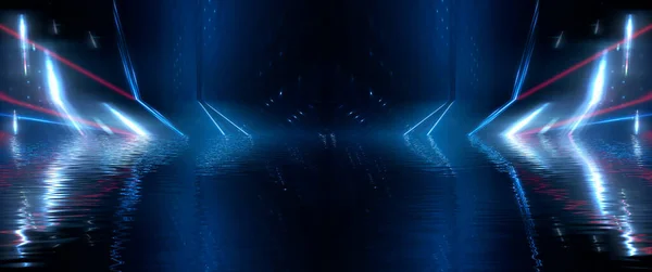Scena Nocna Odbiciem Światła Neonu Wodzie Płyn Kałuże Powodzie Promienie — Zdjęcie stockowe
