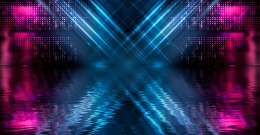 Işık neon etkisi, karanlık bir arkaplanda enerji dalgaları. Lazer renkli neon şov. Sudaki ışığın yansıması. Duman, sis. Gece şehrinin neon ışıkları. 3d illüstrasyon