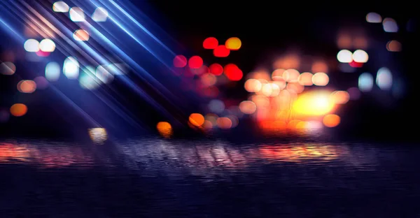 明るいネオン効果 暗い抽象的な背景にエネルギー波 レーザーカラフルなネオンショー 水の中の光の反射 夜の街のネオン 3Dイラスト — ストック写真