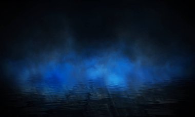 Karanlık sokak, ıslak asfalt, sudaki ışınların yansımaları. Soyut koyu mavi arka plan, duman, duman. Boş karanlık dramatik sahne, neon ışıklar, spot ışıkları. Sıvı. Geceleri nehir..