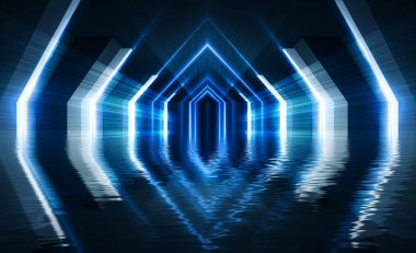 Işık tüneli, soyut ışık suya yansıyor. Mavi arka plan, ışınlar ve çizgiler. Odanın gece manzarası.