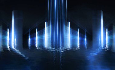 Işık tüneli, soyut ışık suya yansıyor. Mavi arka plan, ışınlar ve çizgiler. Odanın gece manzarası.
