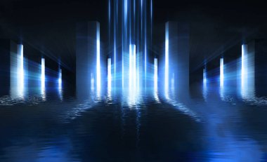 Işık tüneli, soyut ışık suya yansıyor. Mavi arka plan, ışınlar ve çizgiler. Odanın gece manzarası.
