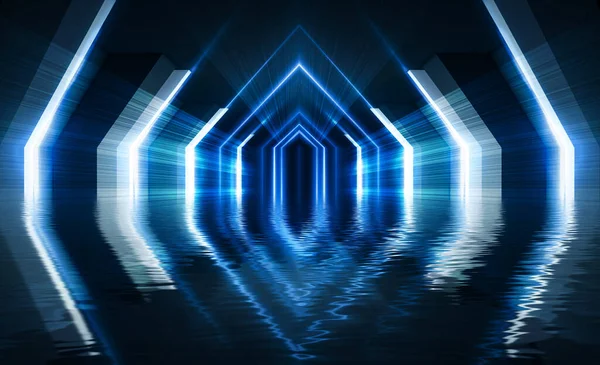 Túnel Luz Luz Abstracta Reflejada Agua Fondo Azul Rayos Líneas —  Fotos de Stock