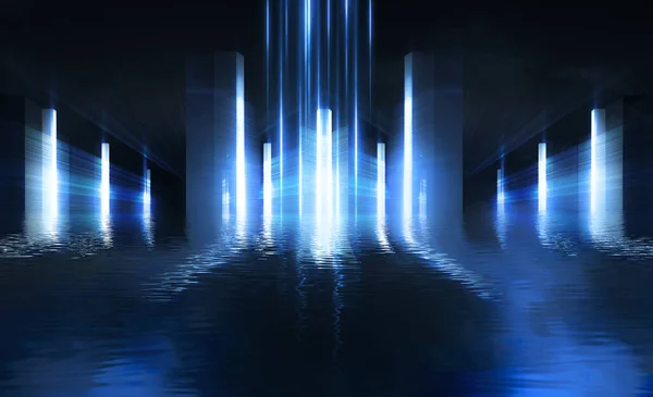 光隧道 抽象的光反射在水中 蓝色背景 光线和线条 房间的夜景 — 图库照片
