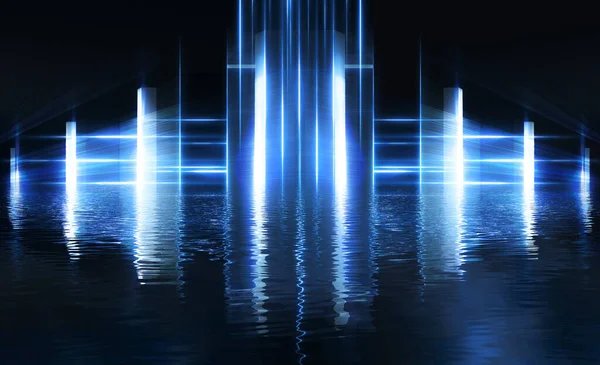 Світловий Тунель Абстрактне Світло Відображене Воді Синій Фон Промені Лінії — стокове фото