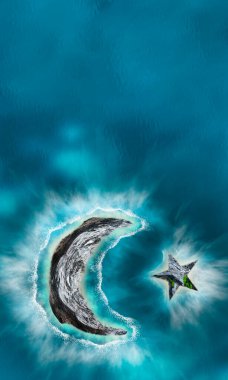 Adalı, manzaralı, soyut doğal deniz manzarası. Denizde bir ada, Türk bayrağı şeklinde, yıldızlar. Deniz dalgaları, dağ sıraları. Fantezi manzarası, seyahat geçmişi. 3B illüstrasyon.