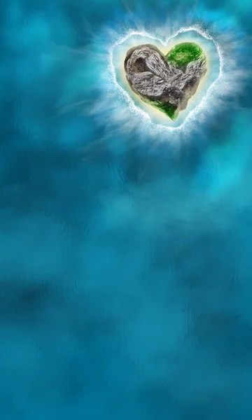 海の島は 心の形で トップビュー 島と抽象的な自然の海の風景 海の波 ファンタジーの風景 旅行の背景 3Dイラスト — ストック写真