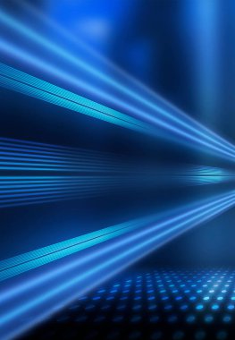 Koyu mavi soyut fütüristik arka plan. Lazer neon ışınları. Neon ışığı, asfaltta yansıma, duman, sis