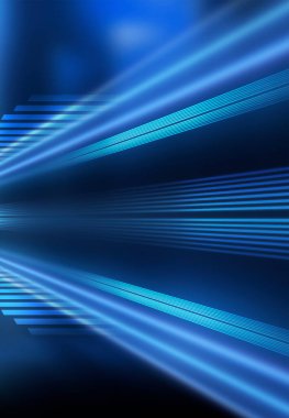 Koyu mavi soyut fütüristik arka plan. Lazer neon ışınları. Neon ışığı, asfaltta yansıma, duman, sis