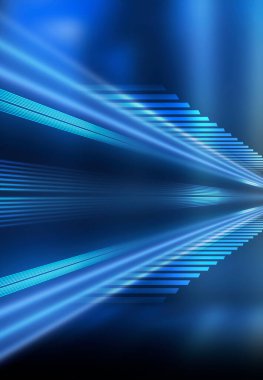 Koyu mavi soyut fütüristik arka plan. Lazer neon ışınları. Neon ışığı, asfaltta yansıma, duman, sis