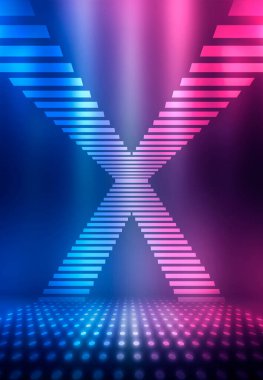 Koyu mavi soyut fütüristik arka plan. Lazer neon ışınları. Neon ışığı, asfaltta yansıma, duman, sis