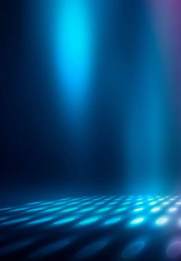 Koyu mavi soyut fütüristik arka plan. Lazer neon ışınları. Neon ışığı, asfaltta yansıma, duman, sis