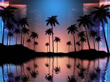 Gece sahili, neon ışıkları, şehir ışıkları boş, tropikal bir zemin. Parlak soyut günbatımının arka planında tropikal palmiye ağaçlarının siluetleri. Modern fütüristik manzara. 3d illüstrasyon
