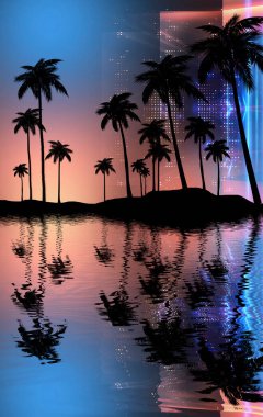 Gece sahili, neon ışıkları, şehir ışıkları boş, tropikal bir zemin. Parlak soyut günbatımının arka planında tropikal palmiye ağaçlarının siluetleri. Modern fütüristik manzara. 3d illüstrasyon