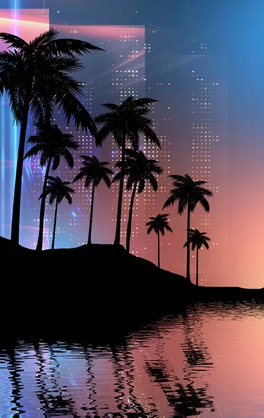 夜の海のビーチ ネオンライト 都市灯の空の暗い熱帯の背景 明るい抽象的な夕日の背景に熱帯のヤシの木のシルエット 現代の未来的な風景 3Dイラスト — ストック写真