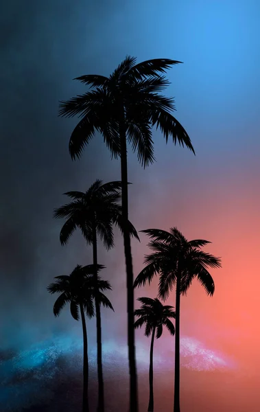 空旷的热带背景 夜间海滨 霓虹灯 城市灯光 热带棕榈树的轮廓 背景是明亮的抽象落日 现代未来派景观 3D说明 — 图库照片