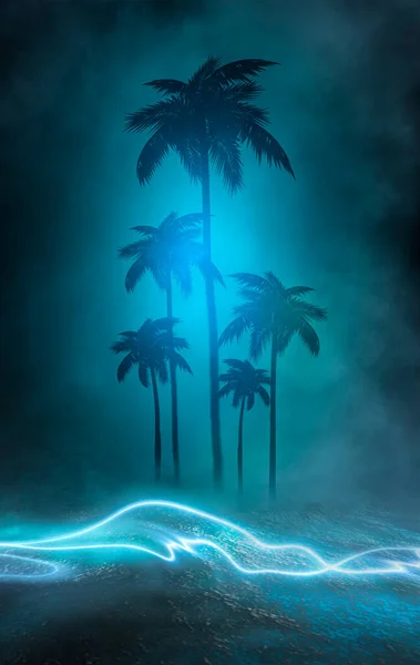 Leere Dunkle Tropische Hintergrund Der Nacht Meer Strand Neonlicht Stadtbeleuchtung — Stockfoto