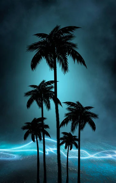 Fondo Tropical Oscuro Vacío Playa Mar Noche Luz Neón Luces —  Fotos de Stock