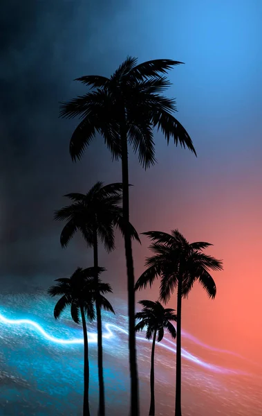 Leere Dunkle Tropische Hintergrund Der Nacht Meer Strand Neonlicht Stadtbeleuchtung — Stockfoto