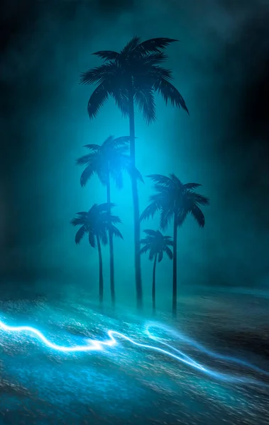 Empty dark tropical background of night sea beach, neon light, city lights. Silhouettes of tropical palm trees on a background of bright abstract sunset. Modern futuristic landscape. 3d illustration