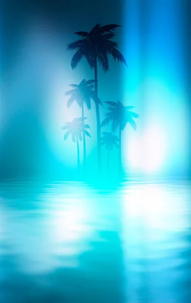 Lege Donkere Tropische Achtergrond Van Nachtelijk Zeestrand Neon Licht Stadsverlichting — Stockfoto