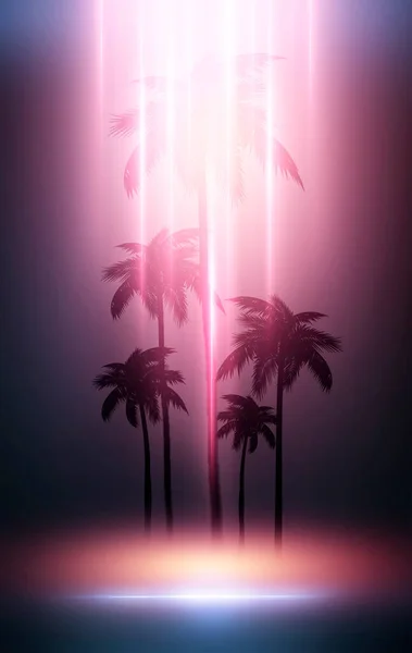 Empty dark tropical background of night sea beach, neon light, city lights. Silhouettes of tropical palm trees on a background of bright abstract sunset. Modern futuristic landscape. 3d illustration