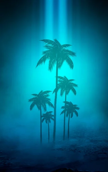 Empty dark tropical background of night sea beach, neon light, city lights. Silhouettes of tropical palm trees on a background of bright abstract sunset. Modern futuristic landscape. 3d illustration